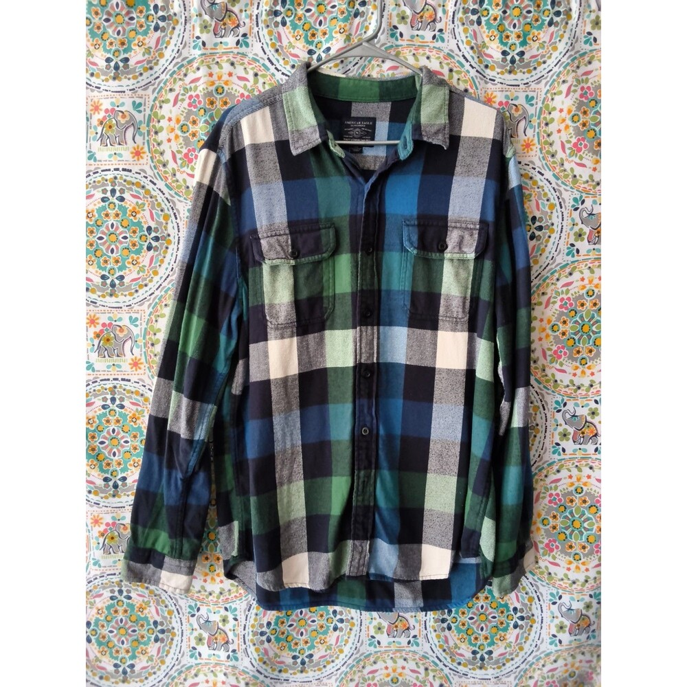American Eagle Outfitters Plaid Flannel Shirt Men's Large Blue Green Long Sleeve
